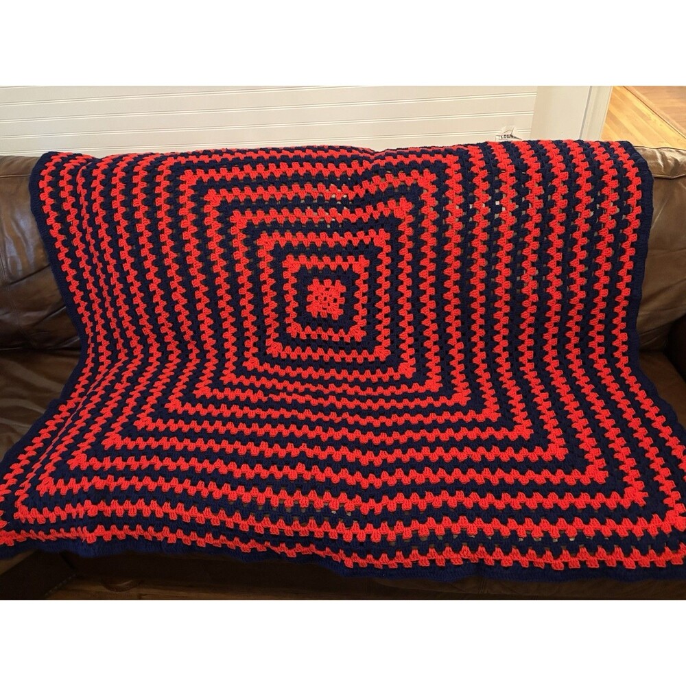 Handmade Vintage Granny Square Crocheted  Blanket Afghan Red blue Rosanne’s